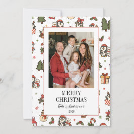 Julpenguiner Röd Grön Familjefoto Julkort