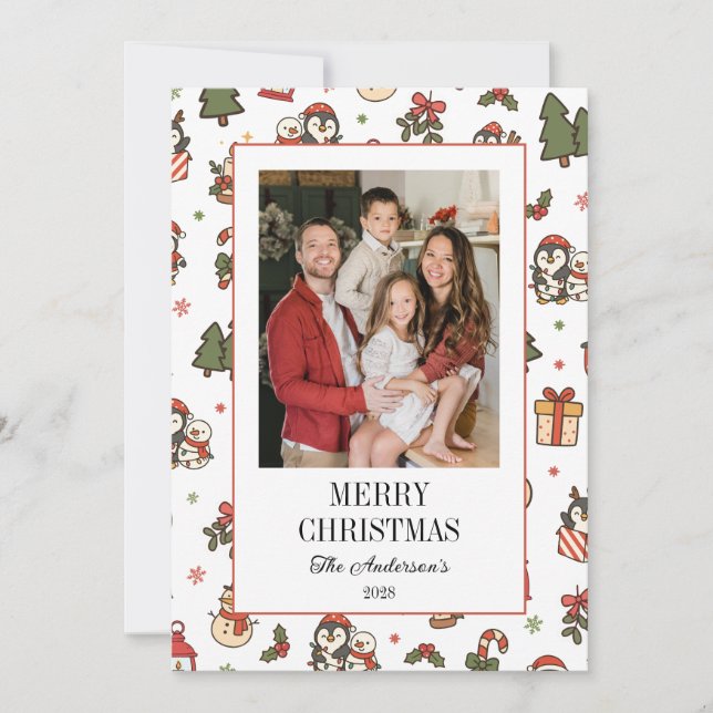 Julpenguiner Röd Grön Familjefoto Julkort (Framsida)