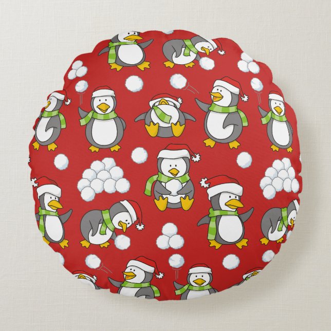 Julpenguins bakgrund rund kudde (Framsidan)