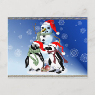 Julpenquin och Snögubbe vykort