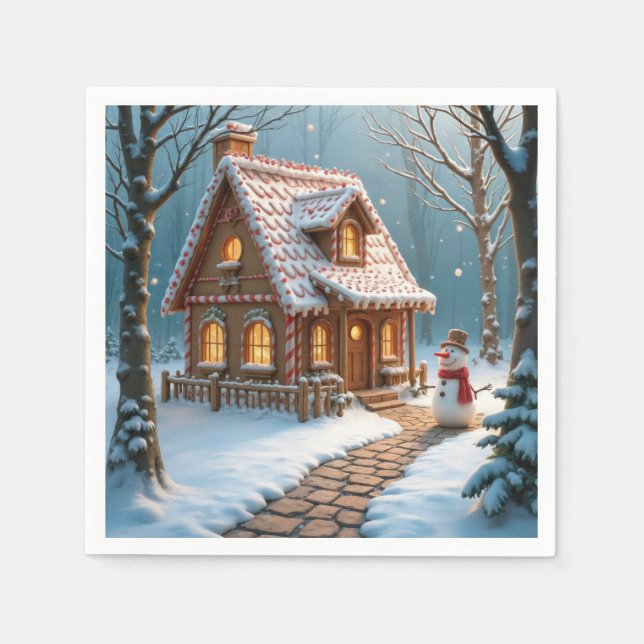 Julpepparkakshus med snöman pappersservett (Framsidan)