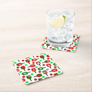 Julpickleball Red Grönt Paddles Bollar X-Mas Underlägg Papper Kvadrat