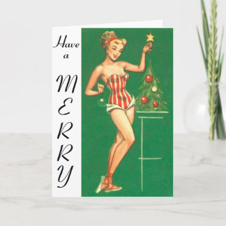 Julpin-up Girl har ett Merry Card Helgkort