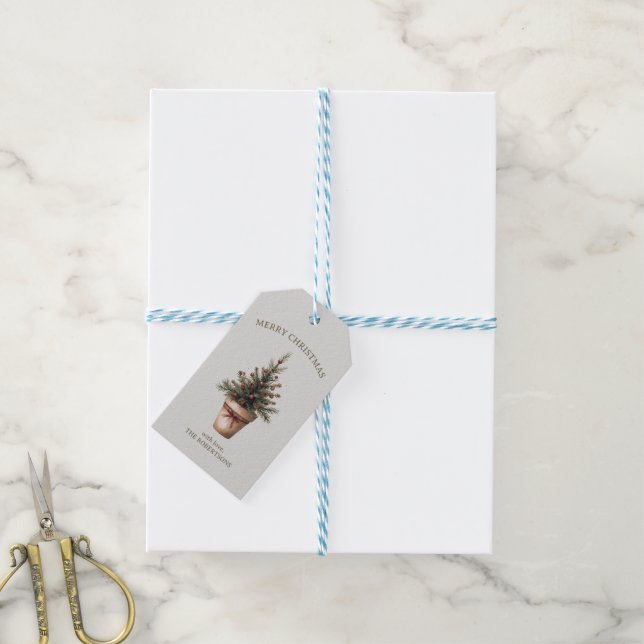 Julpinecon träd rustik helgdag anpassningsbar presentetikett (Med Snöre)