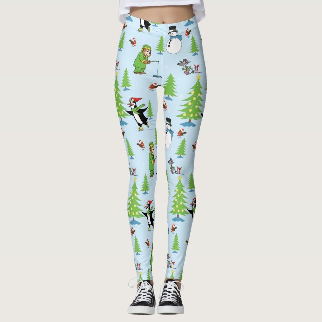Julpingvin isskridskoåkning och björn fiskare leggings (Framsida)
