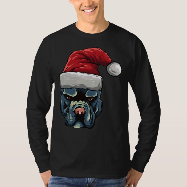 Julpit Bull Puppy Hund i Santa Hat T Shirt (Framsida)