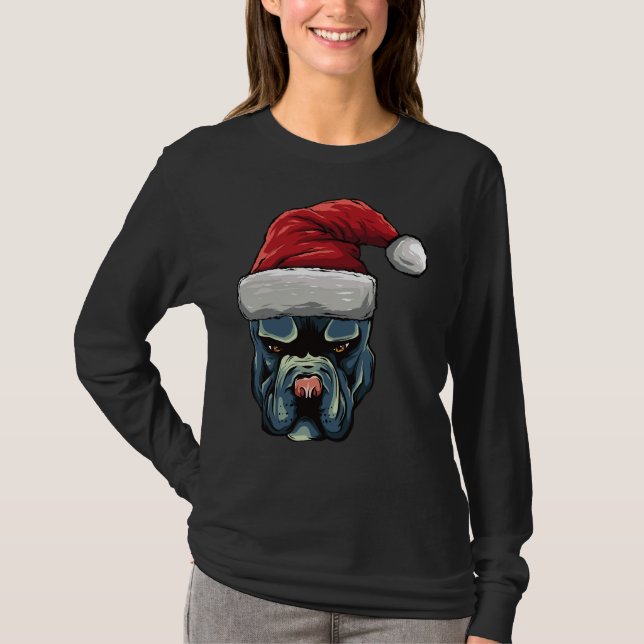 Julpit Bull Puppy Hund i Santa Hat T Shirt (Framsida)