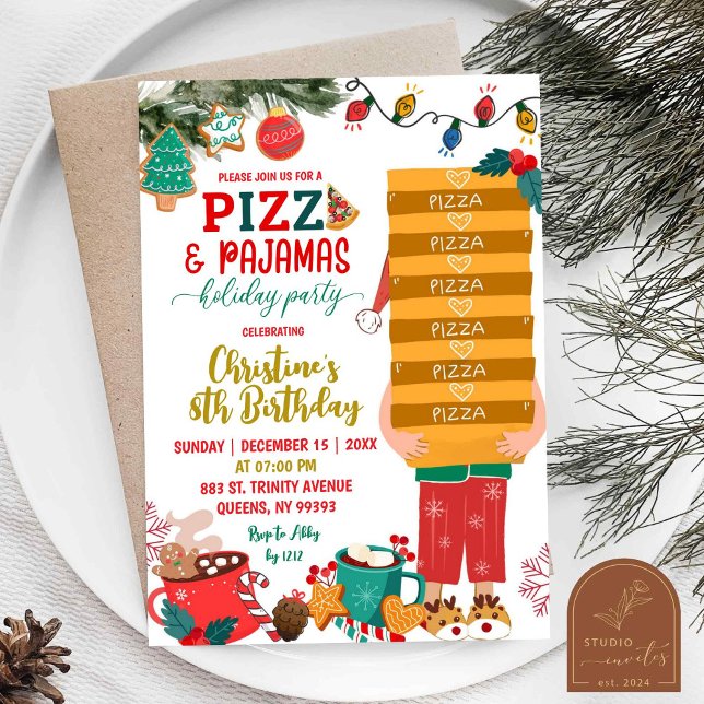 Julpizza och pyjamasas semester födelsedag inbjudningar (Skapare uppladdad)