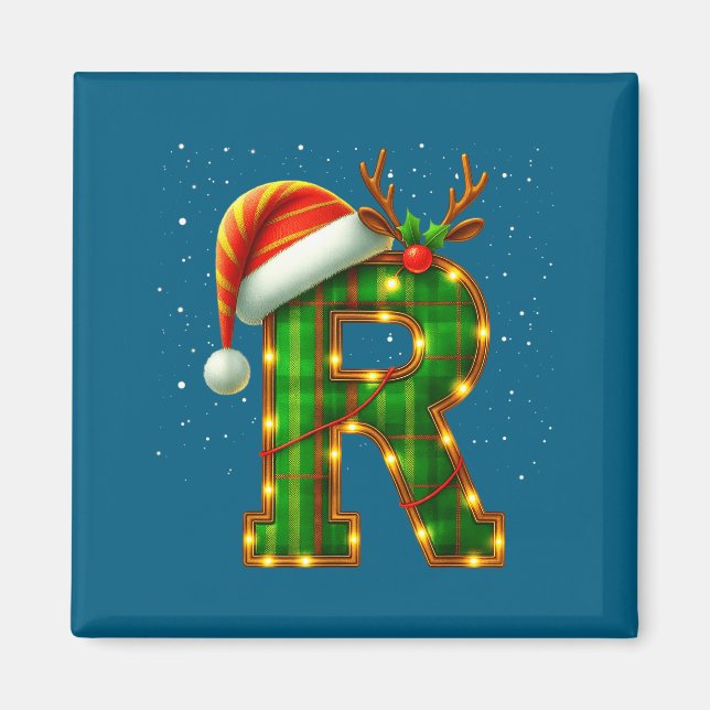 Julplagg R Rutig Tomtehatt Monogram Initial Magnet (Framsidan)