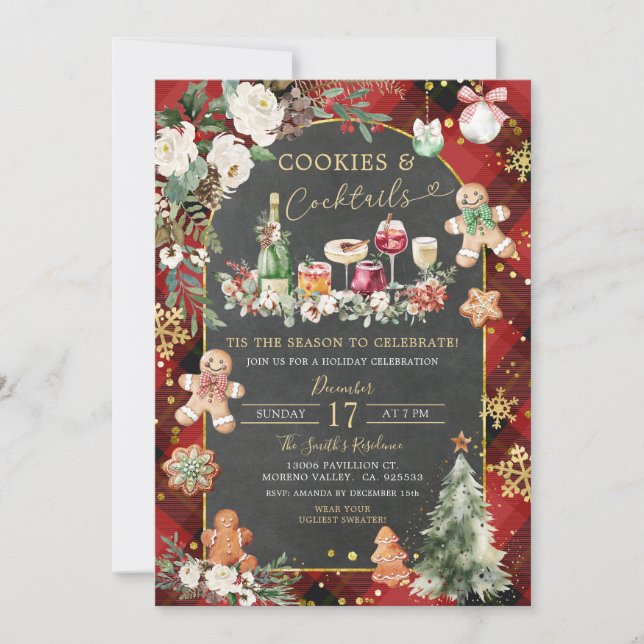 Julplagt Red Black Cookies Cocktails Party Inbjudningar (Framsida)