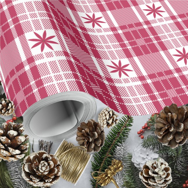 Julplagt - Rött och vitt med Poinsettia Presentpapper (Christmas Plaid - Red and White with Poinsettia Wrapping Paper Roll by Leapfroglisics Shop)