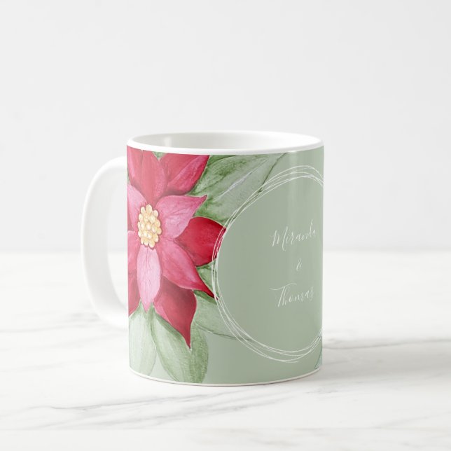 Julpoinsettia Akvarell Handmålad Kaffemugg (Framsida vänster)