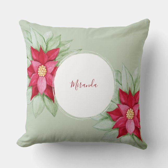 Julpoinsettia Akvarell Handmålad Kudde (Framsida)