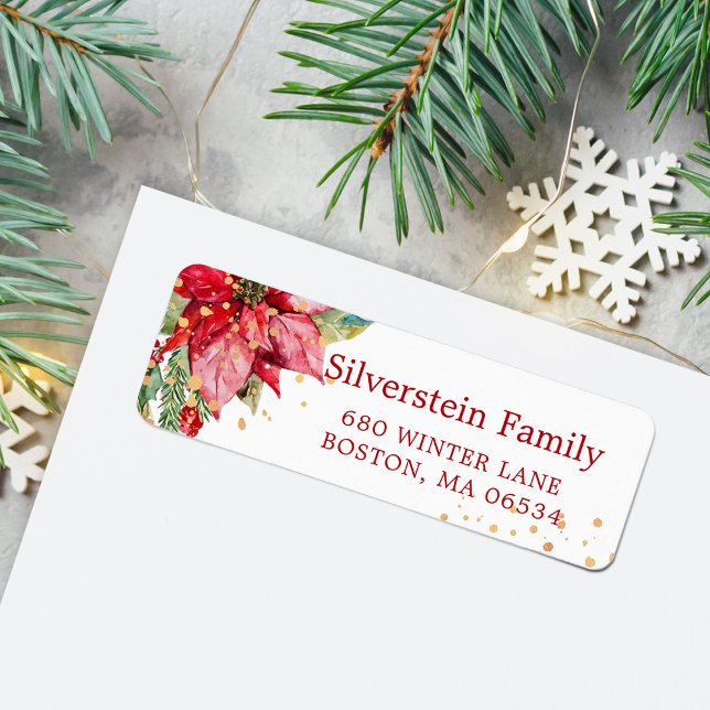 Julpoinsettia Guldstänk Returadress Etikett (Christmas Poinsettia Gold Splatter Return Address Label)