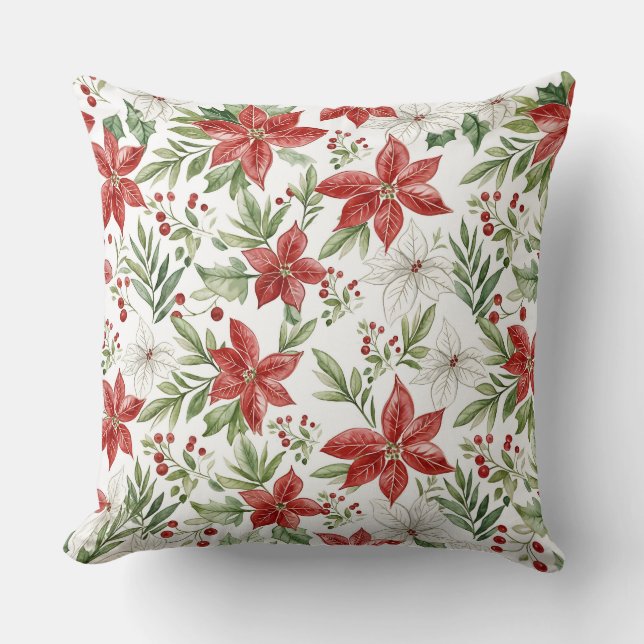 Julpoinsettia i rött och vitt  kudde (Framsida)
