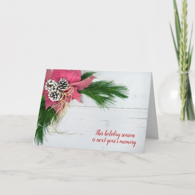 Julpoinsettia och gräs på trä helgkort (Framsida)