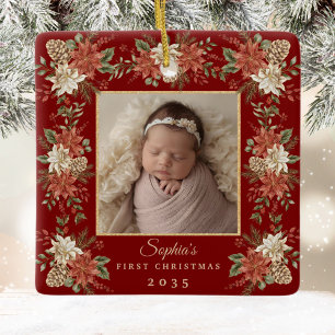 Julpoinsettiafoto för baby:s första jul julgransprydnad keramik