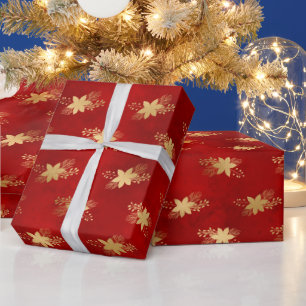 Julpoinsettias guld mörk rött blommönster presentpapper