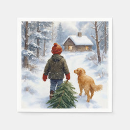 Julpojke i snöflingor med tall och hund pappersservett