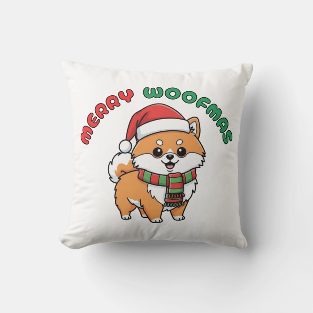 Julpommern Pillow: Merry Woofmas Kudde (Framsida)