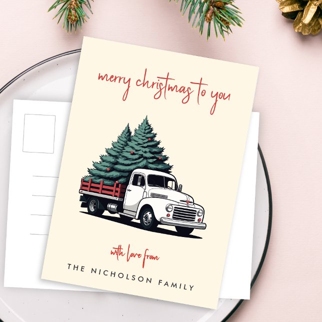 Julpostkort | Granleverans lastbil Helg Vykort (A vintage inspired delivery truck holiday postcard design with retro festive flair)