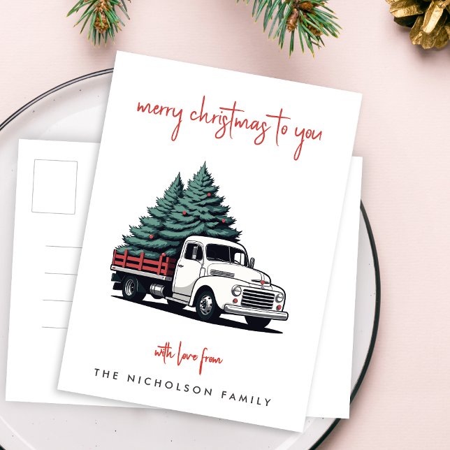Julpostkort | Granleverans lastbil Helg Vykort (A vintage inspired delivery truck holiday postcard design with retro festive flair)
