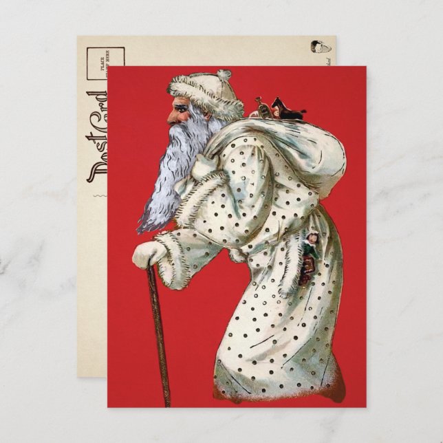Julpostkort med viktoriansk polkagrisprydd tomte i vykort (Fram/baksida)