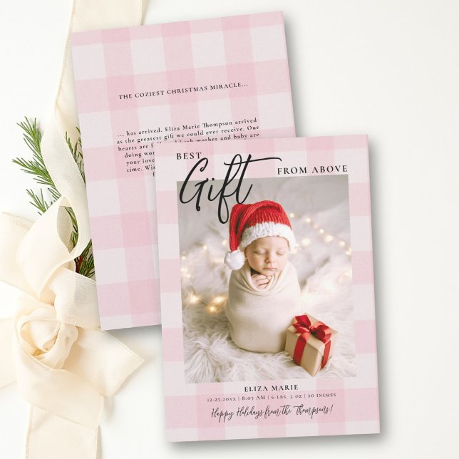 Julpresent från ovan Pink Checks Modern Baby Chris Julkort (baby announcement christmas card photo best gift from above pink gingham check elegant modern custom)
