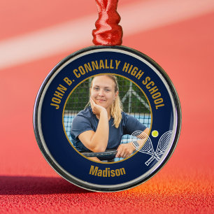 Julpresent med bild på tennisspelare i Navyblått o Julgransprydnad Metall