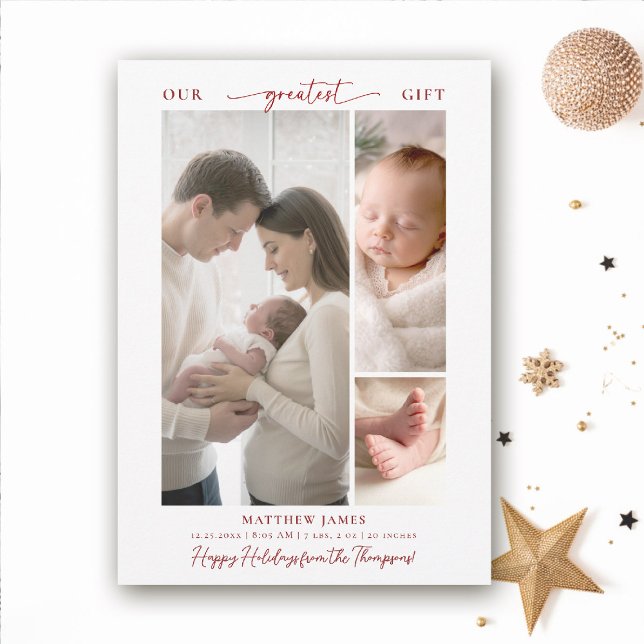 Julpresent Ovanför Elegant Enkel Bebis 3 Foto Julkort (greatest gift baby christmas card minimalist simple elegant 3 photos calligraphy christian red)