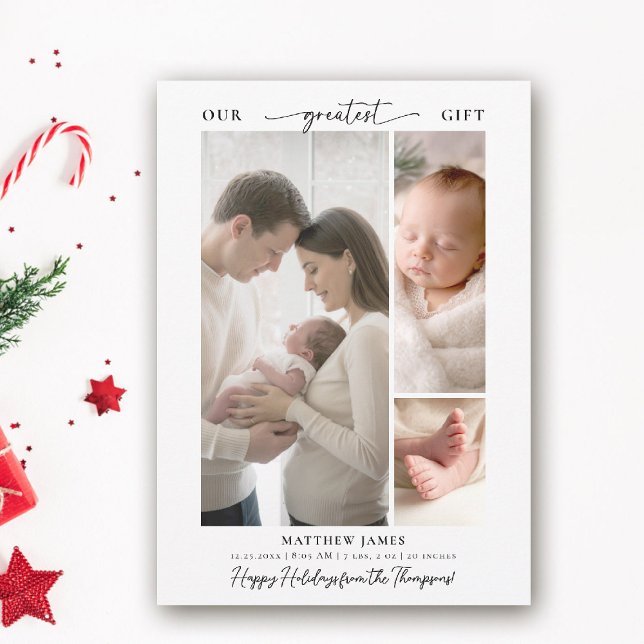 Julpresent Ovanför Enkel Modern Baby 3 Foto Julkort (greatest gift baby christmas card minimalist simple elegant 3 photos calligraphy christian spiritual)
