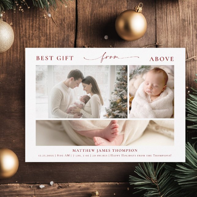 Julpresent Ovanför Modern Elegant Bebis 3 Foto Julkort (best gift from above baby christmas card minimalist simple elegant 3 photos calligraphy christian)