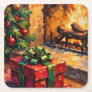 Julpresent vid brasan underlägg papper kvadrat