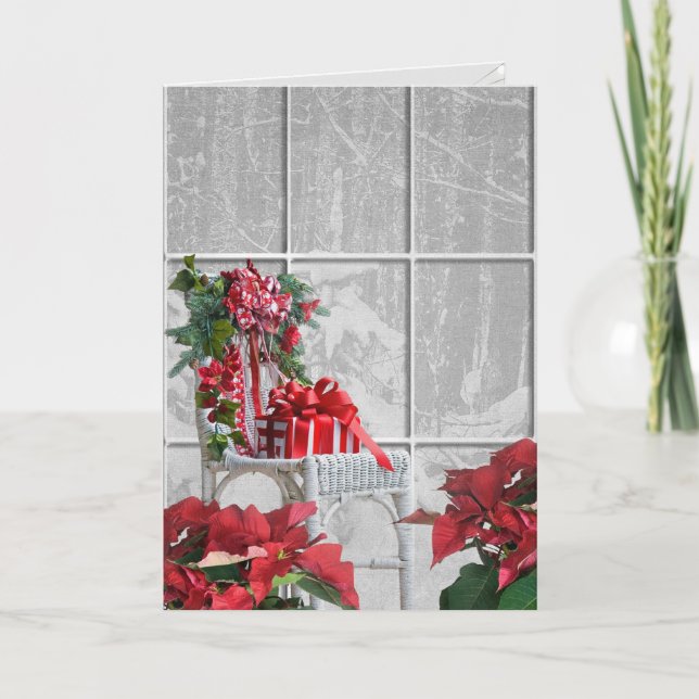 Julpresenten för korgstol i fönstret helgkort (Framsida)