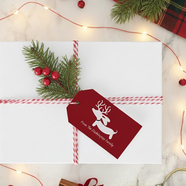 Julpresentetikett med renshundedoxie presentetikett (Dachshund gift tag personalized)
