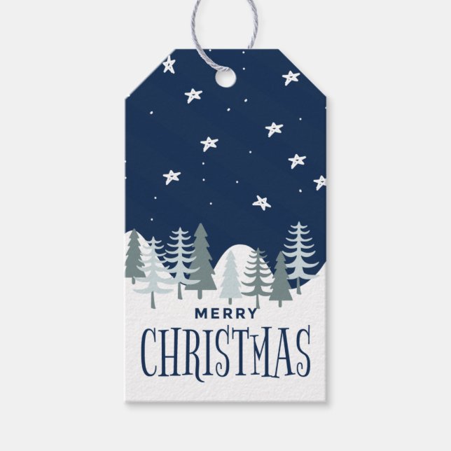 Julpresentetiketter i blå vinterutförande för en g presentetikett (Framsidan)