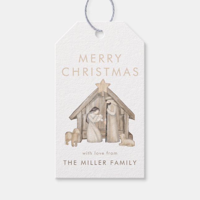 Julpresentkort med modern minimalistisk nativitets presentetikett (Framsidan)
