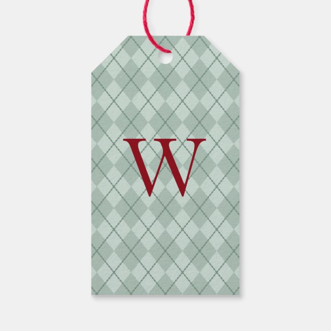 Julpresentkort med monogram i grönt presentetikett (Baksidan)