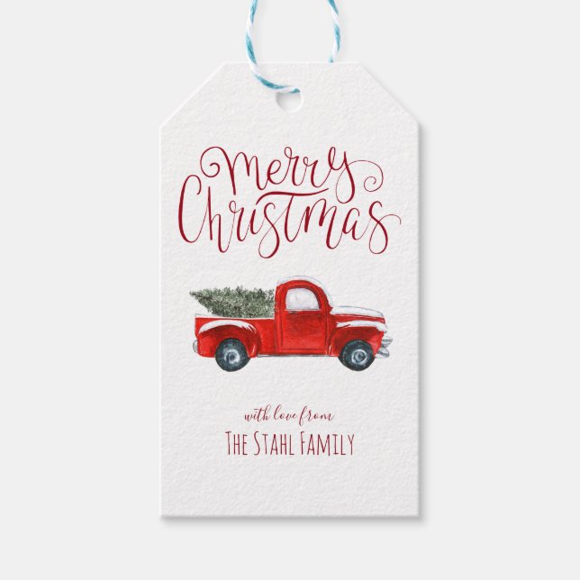 Julpresentkort - Vintage röd lastbil Presentetikett (Framsidan)