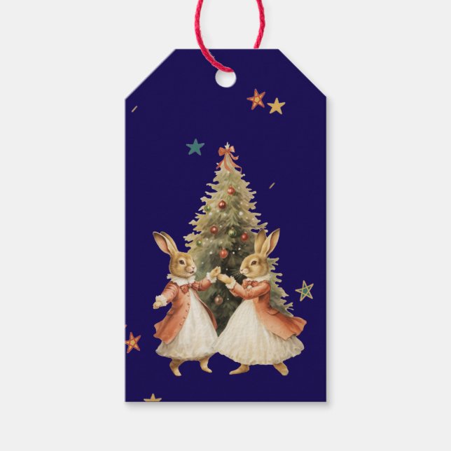JULPRESSTAG DANSANDE KANINER MED TRÄD PRESENTETIKETT (Framsidan)