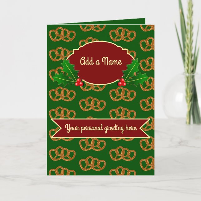 Julpretzel Mönster med holly: lägg till egen text Kort (Framsida)