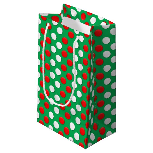 Julprickar Röd Vit Och Grön Liten Presentpåse (Framsidan Vinklad)