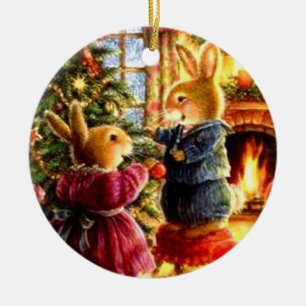 Julprydnad - Bunnies dekorerar Träd Julgransprydnad Keramik