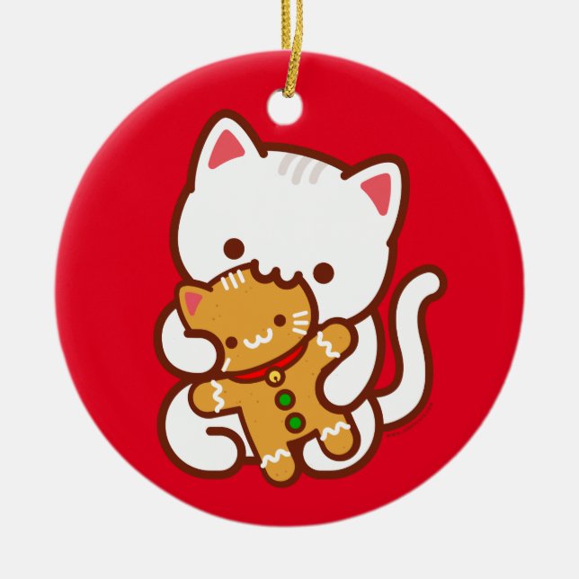Julprydnad - Hungriga Kattunge Gingerbröd Katt Julgransprydnad Keramik (Framsidan)