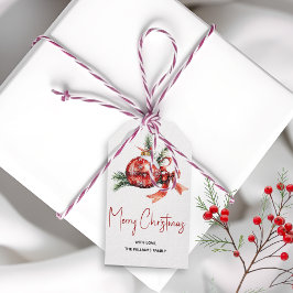 Julprydnad med rött båge och brunt grenar presentetikett