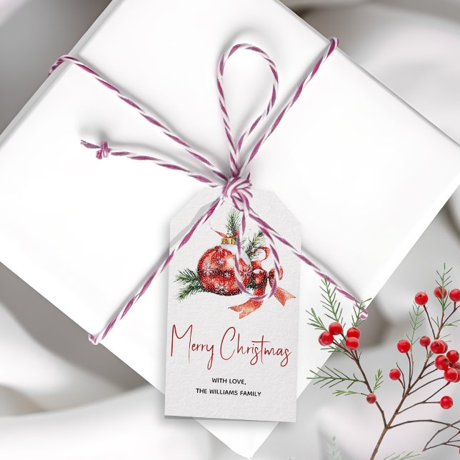 Julprydnad med rött båge och brunt grenar presentetikett (Skapare uppladdad)