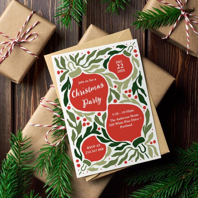 Julprydnader och Julfest för lövning Julkort (Christmas Holiday Party Invitation with extra text on the back. Perfect for ornament exchange party)