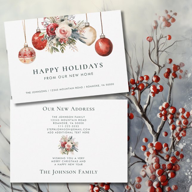 Julprydnadsföremål Blommigt Helgdag Nytt hem Meddelande (Christmas Ornaments Holiday Floral New Home Announcement Flat Card with Envelope)