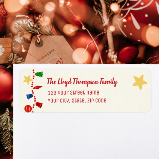 julprydnadsföremål i stollig returadress etikett (Vintage Christmas ornaments return label)