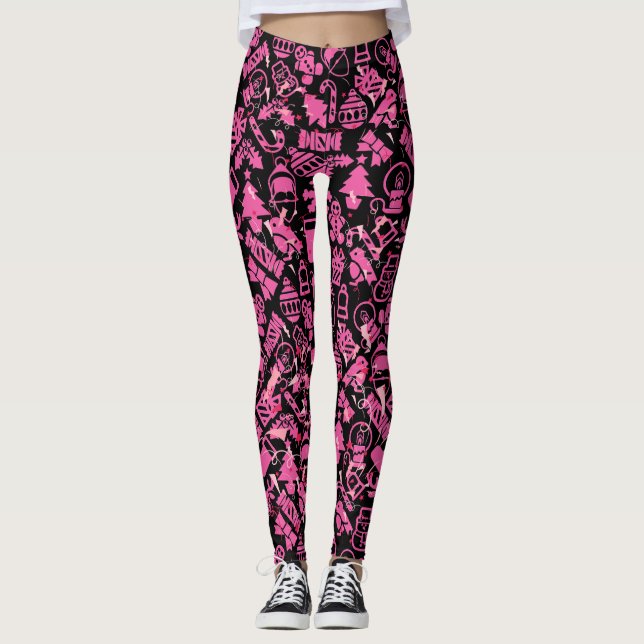 Julprydnadsföremål mönster.rosa.07 Black BG Leggings (Framsida)